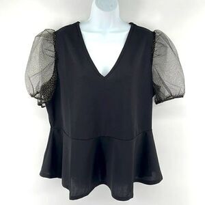 Love X Design black peplum waist puff sleeve glitter polka dot shirt top blouse